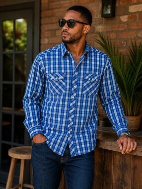 Rocawear Men’s 2XL Long Sleeve Plaid Collared Casual Dress Shirt Big Tall Blue